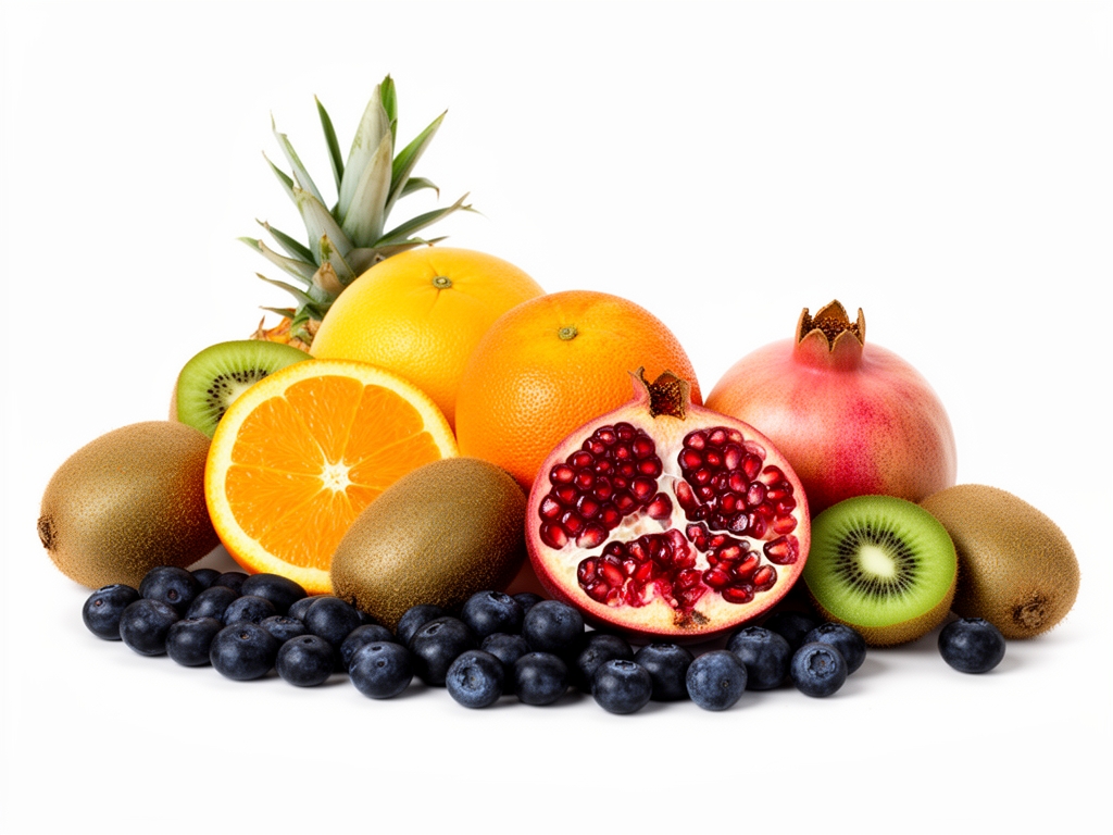 Selezione artistica di frutta fresca tropicale e di stagione su sfondo bianco: agrumi, bacche scure, kiwi e melograno in composizione pulita