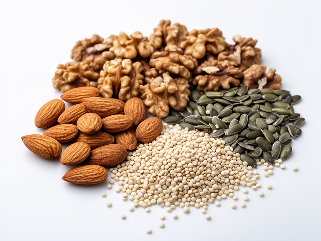 Semi, noci e cereali integrali assortiti su superficie di ceramica bianca: mandorle, noci, semi di girasole e quinoa in composizione minimalista