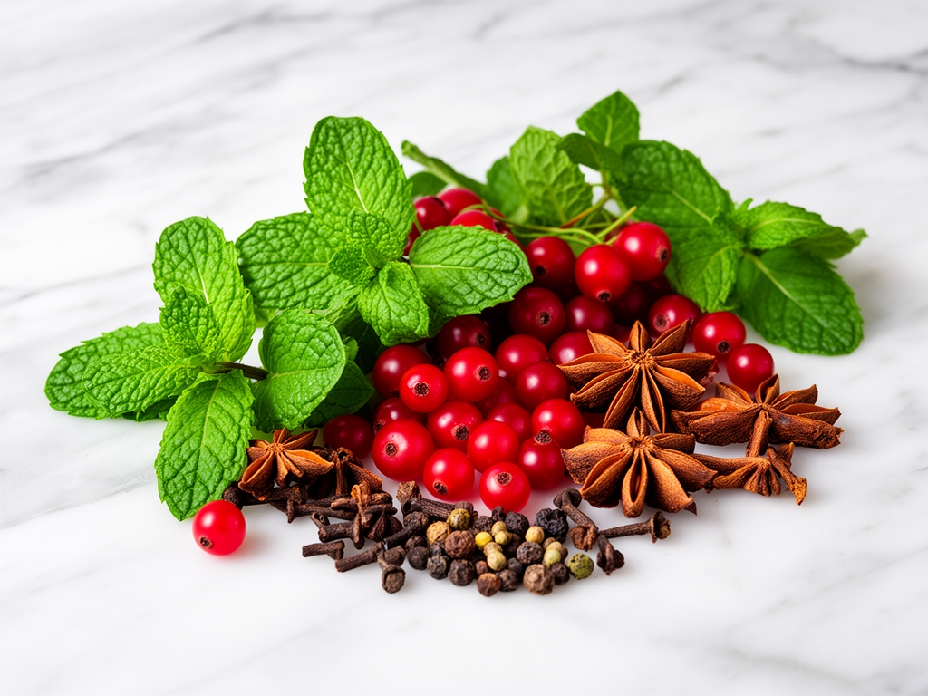 Selezione di ingredienti naturali freschi su superficie di marmo bianco: bacche rosse, foglie di menta verde e spezie in composizione artistica
